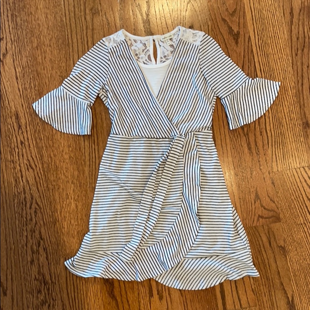 Black and white stripe faux-wrap dress with lace.